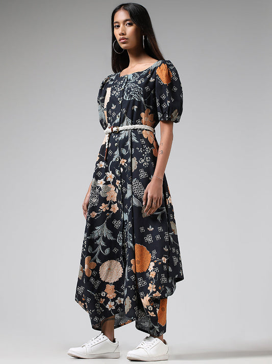 Bombay Paisley Blue Printed Cotton Button-Down Dress with Belt