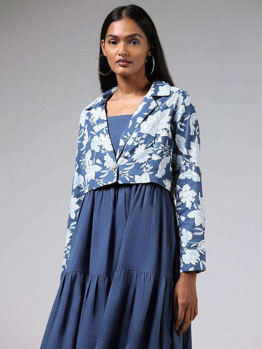 Bombay Paisley Blue Tiered Blended Linen Dress with Jacket