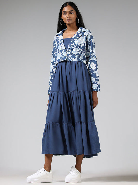 Bombay Paisley Blue Tiered Blended Linen Dress with Jacket