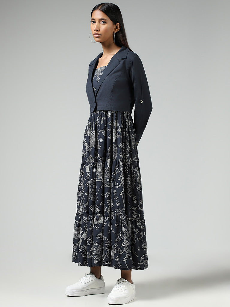 Bombay Paisley Deep Blue Jacket & Floral Printed Tiered Dress