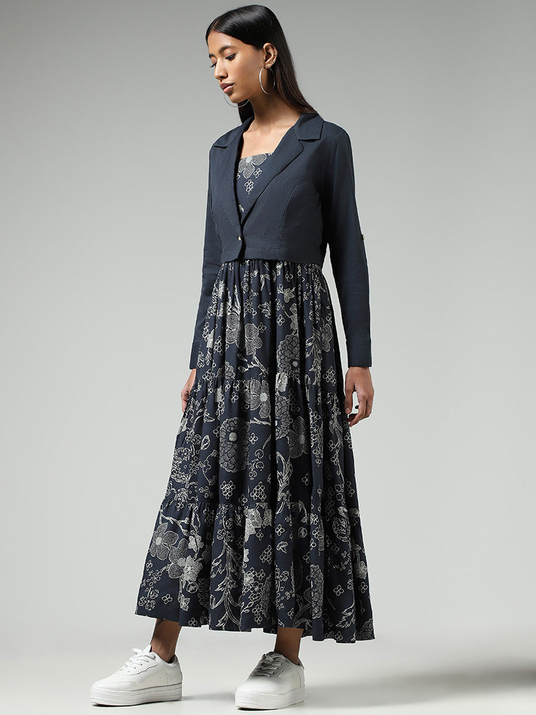 Bombay Paisley Deep Blue Jacket & Floral Printed Tiered Dress