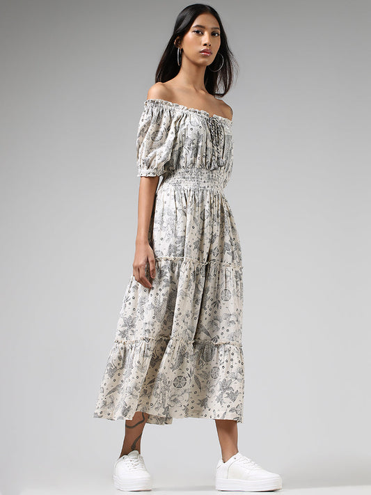 Bombay Paisley Off White Floral Printed Blended Linen Off-Shoulder Dress