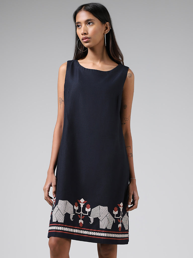 Bombay Paisley Navy Geometric Printed Blended Linen Dress