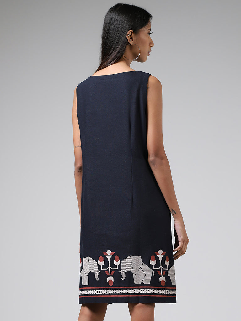 Bombay Paisley Navy Geometric Printed Blended Linen Dress