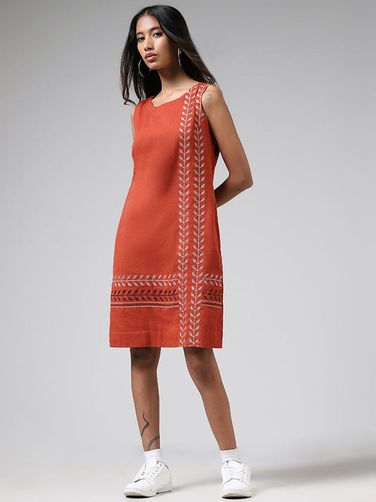 Bombay Paisley Rust Geometric Embroidered Blended Linen Dress