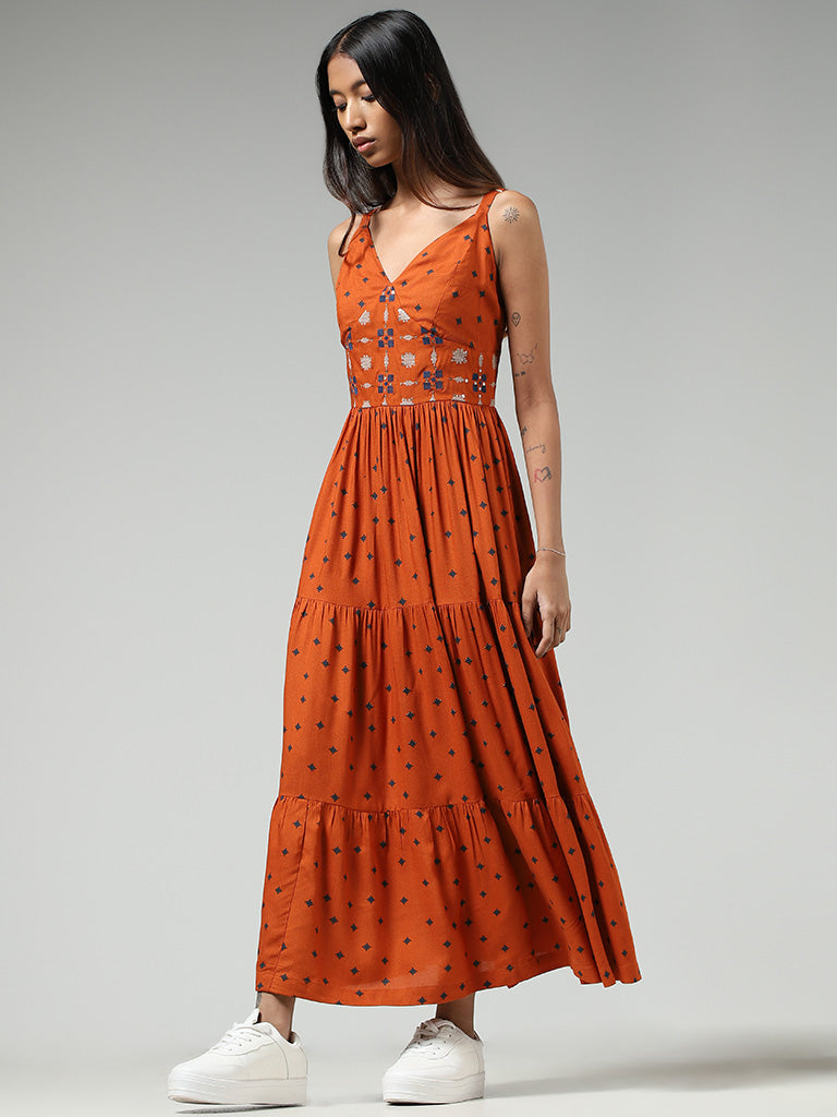 Bombay Paisley Orange Embroidered & Printed Tiered Dress