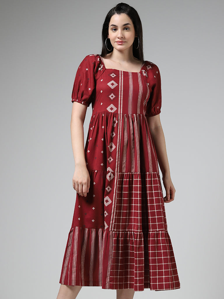 Bombay Paisley Maroon Mix Geometric Printed Blended Linen Tiered Dress