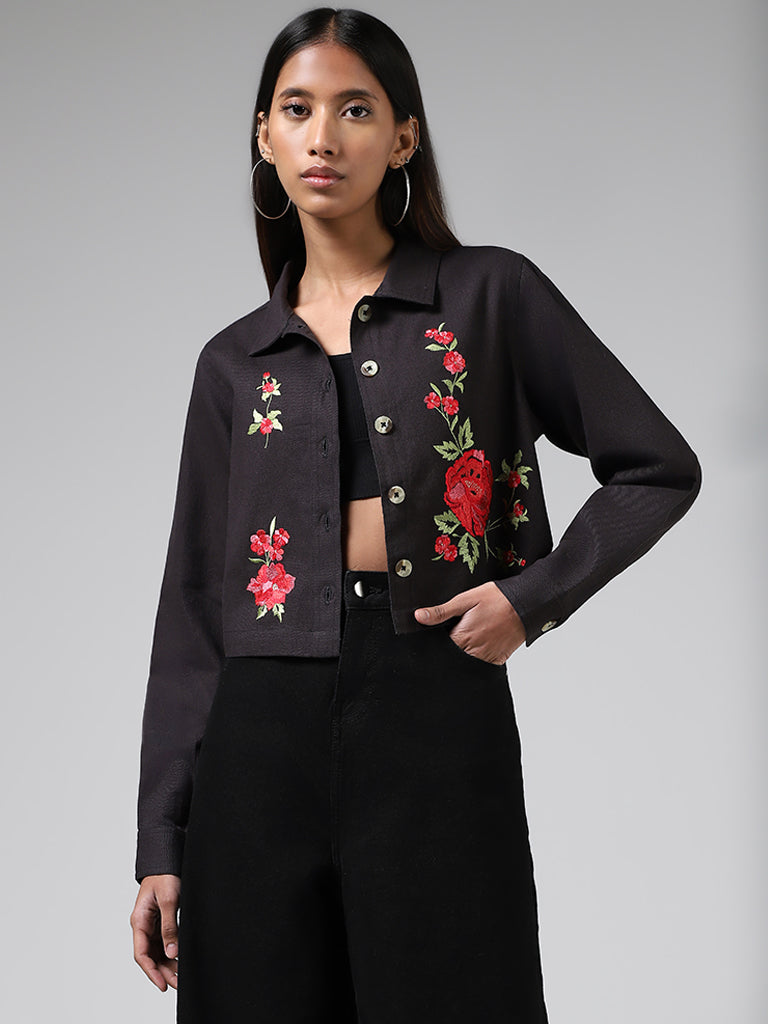 Bombay Paisley Black Floral Embroidered Cotton Blend Jacket