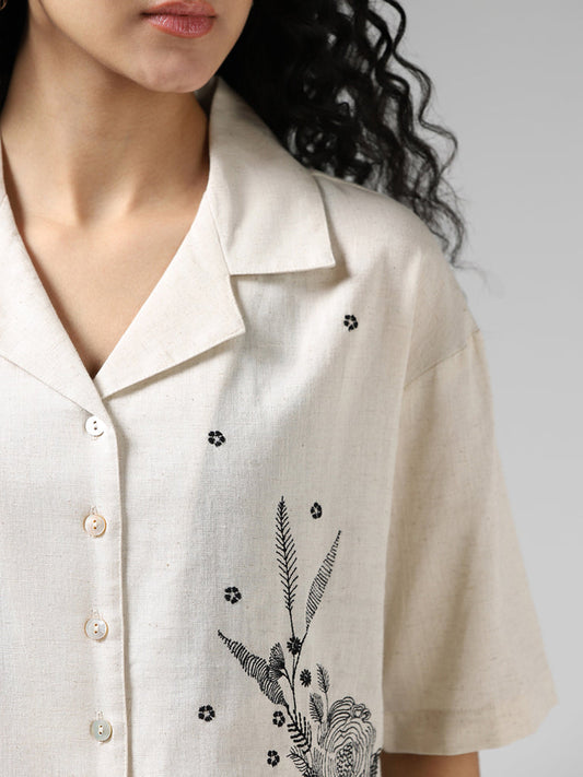 Bombay Paisley Cream Embroidered Blended Linen Shirt