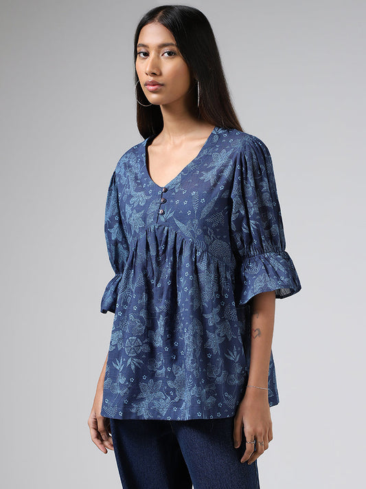 Bombay Paisley Blue Floral Printed Pleated Cotton Top