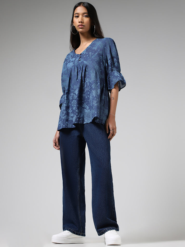 Bombay Paisley Blue Floral Printed Pleated Cotton Top