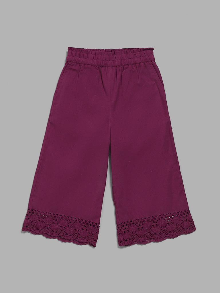 Utsa Kids Purple Schiffli Lace Insert Palazzos (2 - 8yrs)