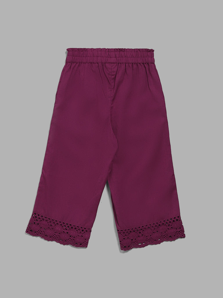 Utsa Kids Purple Schiffli Lace Insert Palazzos (2 - 8yrs)