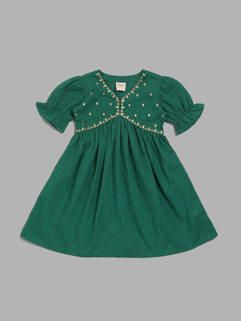 Utsa Kids Emerald Green Floral Embroidered Gathered Dress (2 - 8yrs)