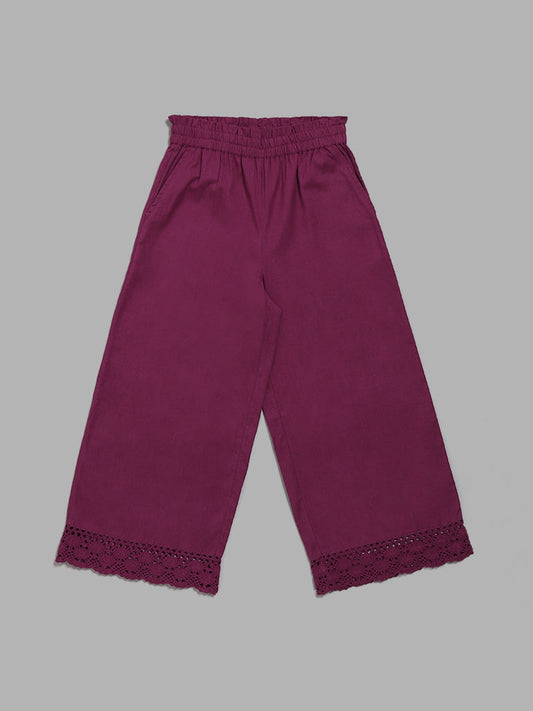 Utsa Kids Purple Schiffli Lace Insert Palazzos (8 -14yrs)