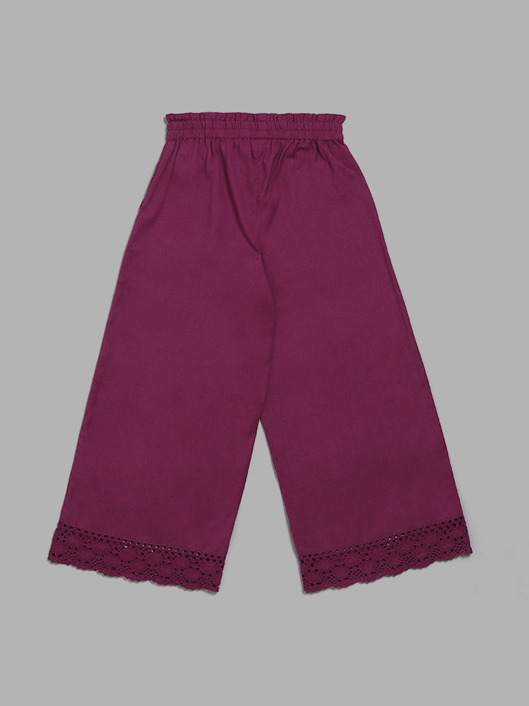 Utsa Kids Purple Schiffli Lace Insert Palazzos (8 -14yrs)