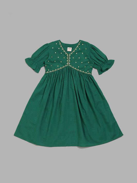 Utsa Kids Emerald Green Floral Embroidered Gathered Dress (8 -14yrs)