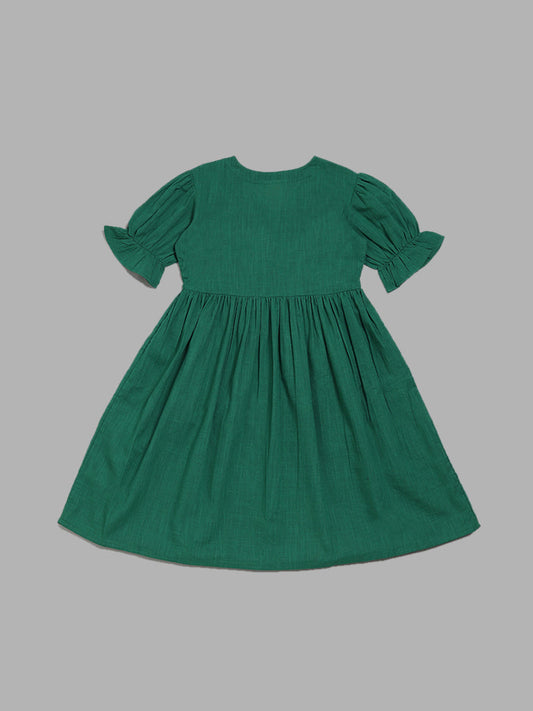 Utsa Kids Emerald Green Floral Embroidered Gathered Dress (8 -14yrs)