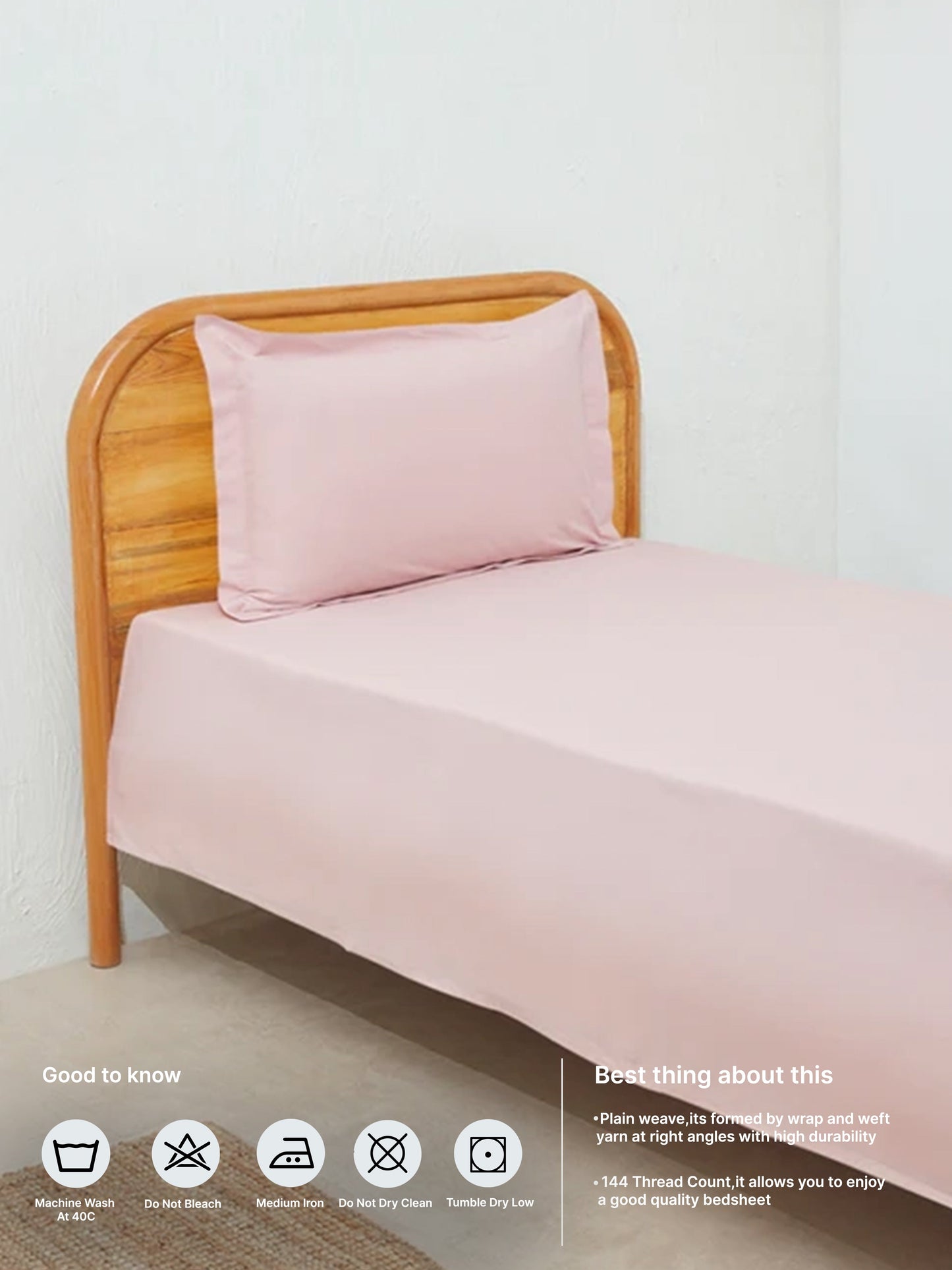 Westside Home Pink Solid Single Bed Flat Sheet and Pillowcase Set