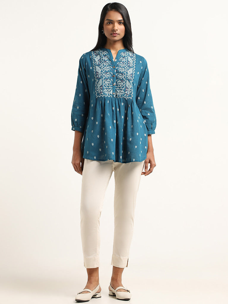 Utsa Indigo Printed Gathered Cotton Kurti