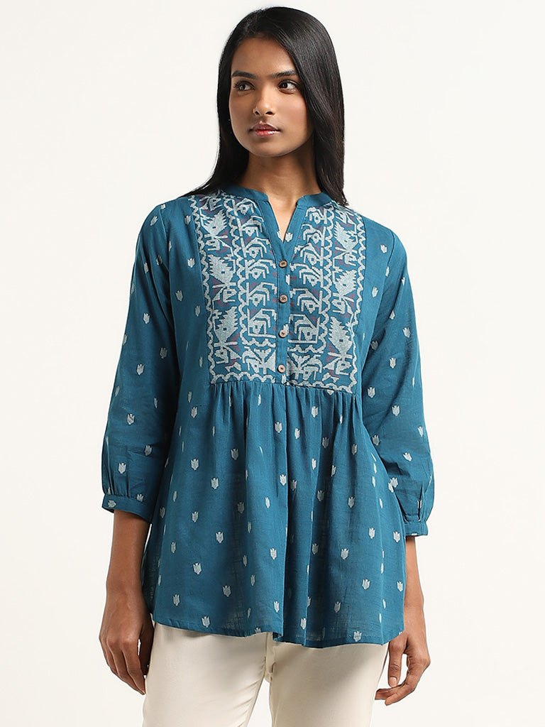 Utsa Indigo Printed Gathered Cotton Kurti