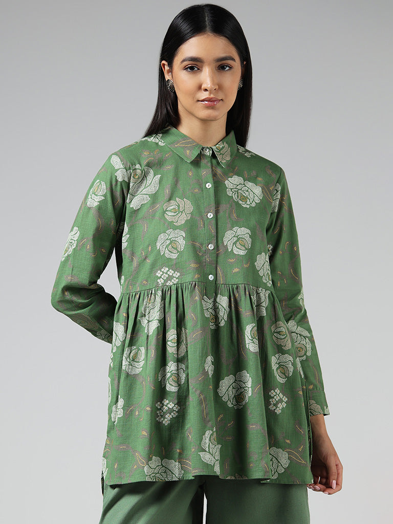 Utsa Green Dot Floral Printed Cotton Kurti