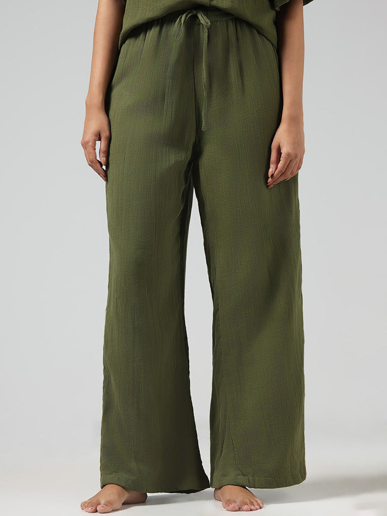 Wunderlove Solid Olive Wrinkled Cotton Pants