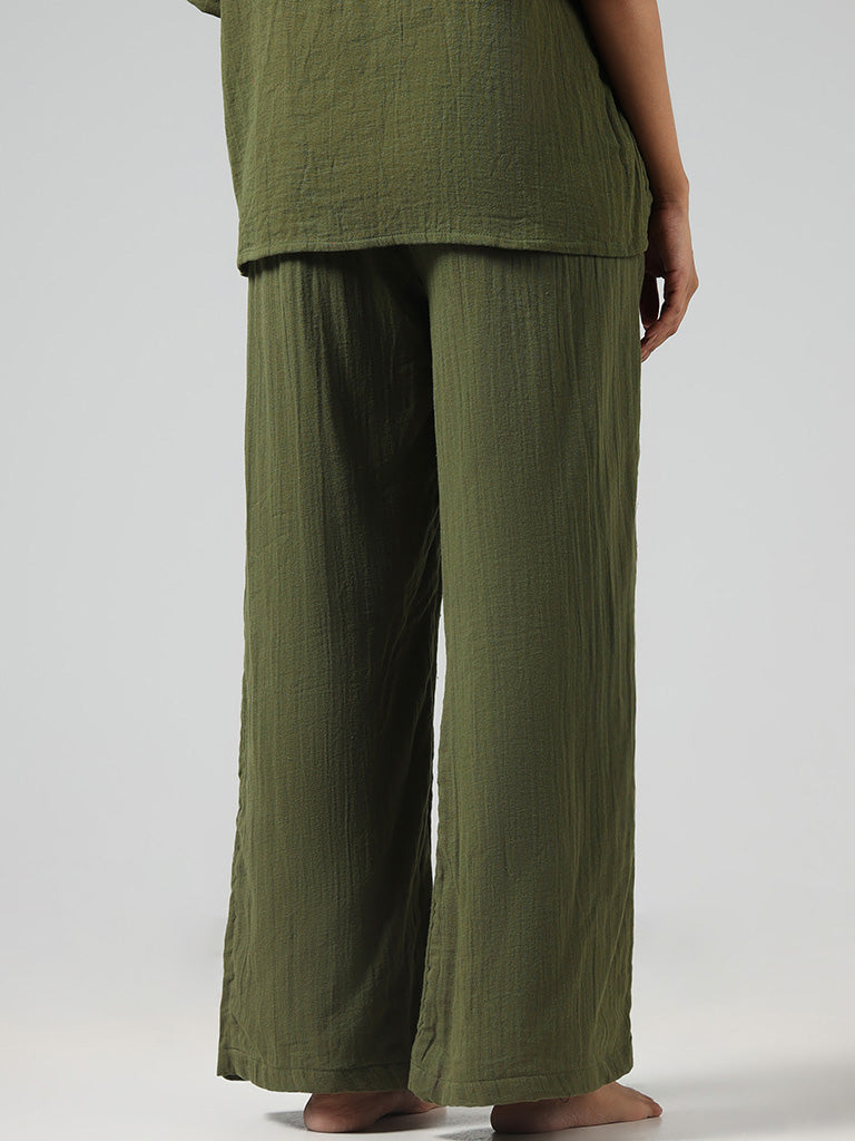 Wunderlove Solid Olive Wrinkled Cotton Pants