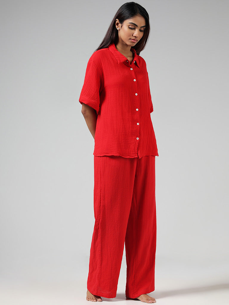 Wunderlove Solid Red Wrinkled Cotton Pants