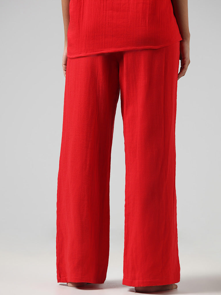 Wunderlove Solid Red Wrinkled Cotton Pants