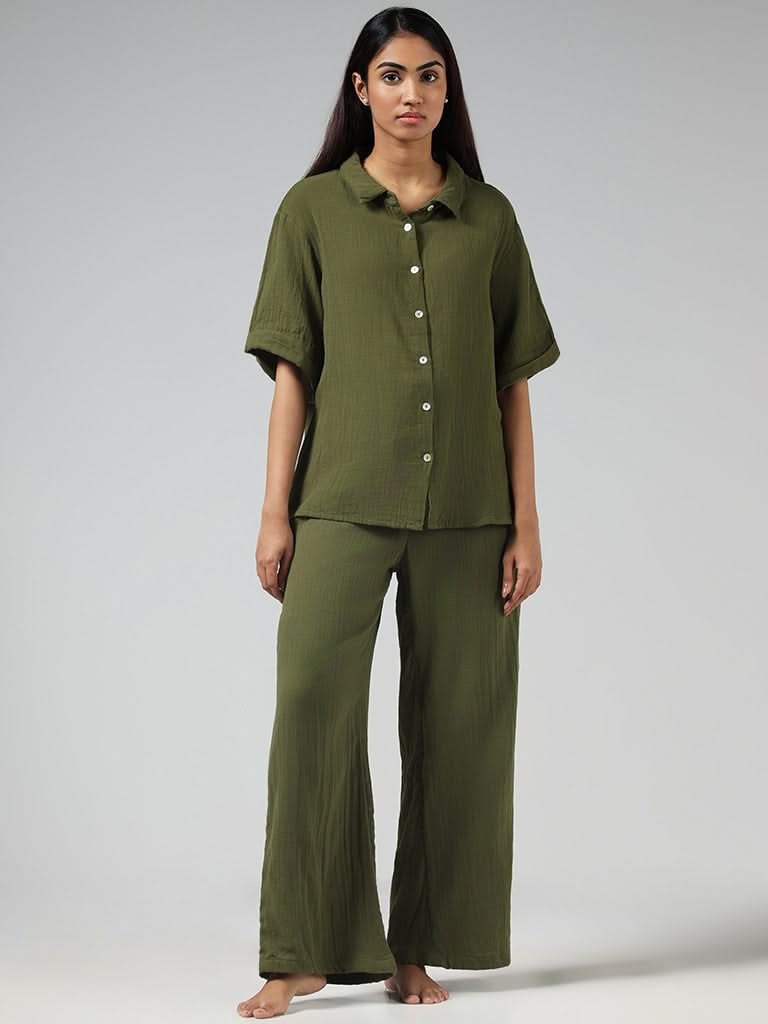 Wunderlove Solid Olive Cotton Crinkled Shirt