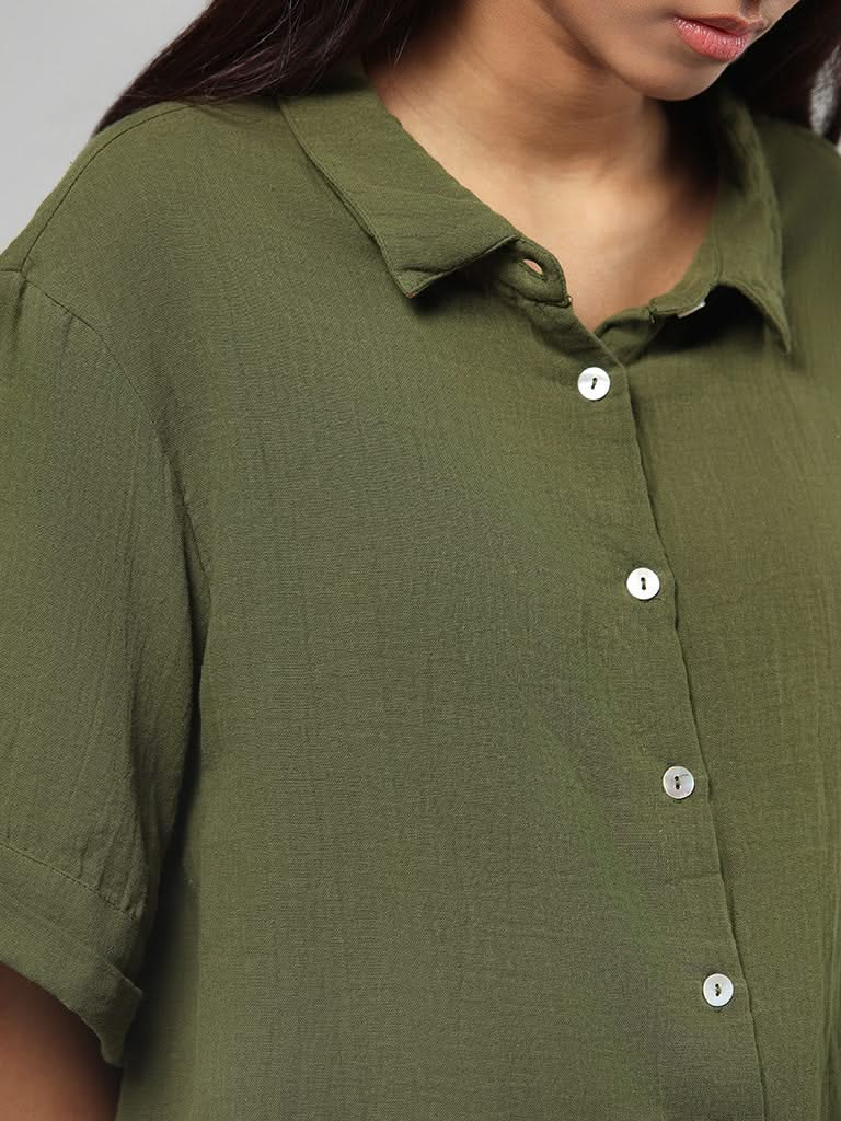 Wunderlove Solid Olive Cotton Crinkled Shirt