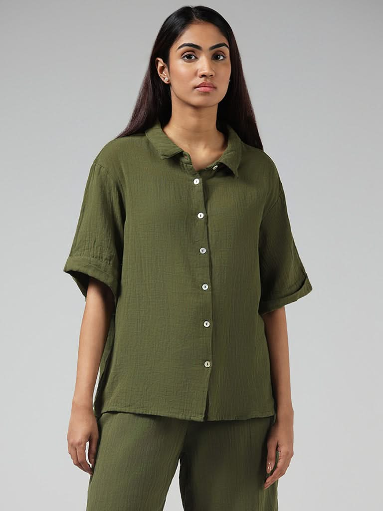 Wunderlove Solid Olive Cotton Crinkled Shirt