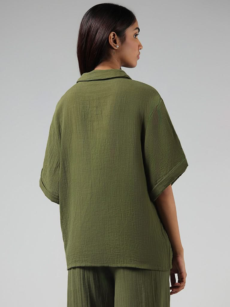 Wunderlove Solid Olive Cotton Crinkled Shirt