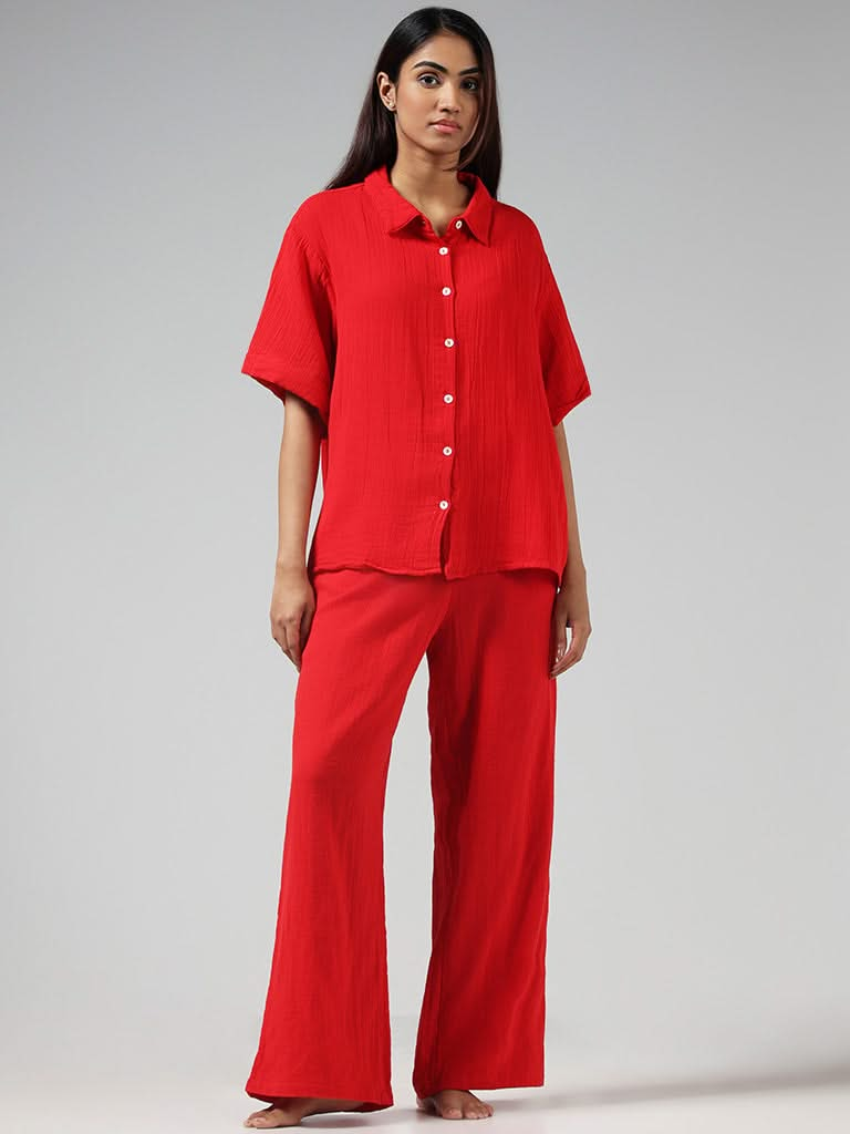 Wunderlove Solid Red Cotton Crinkled Shirt