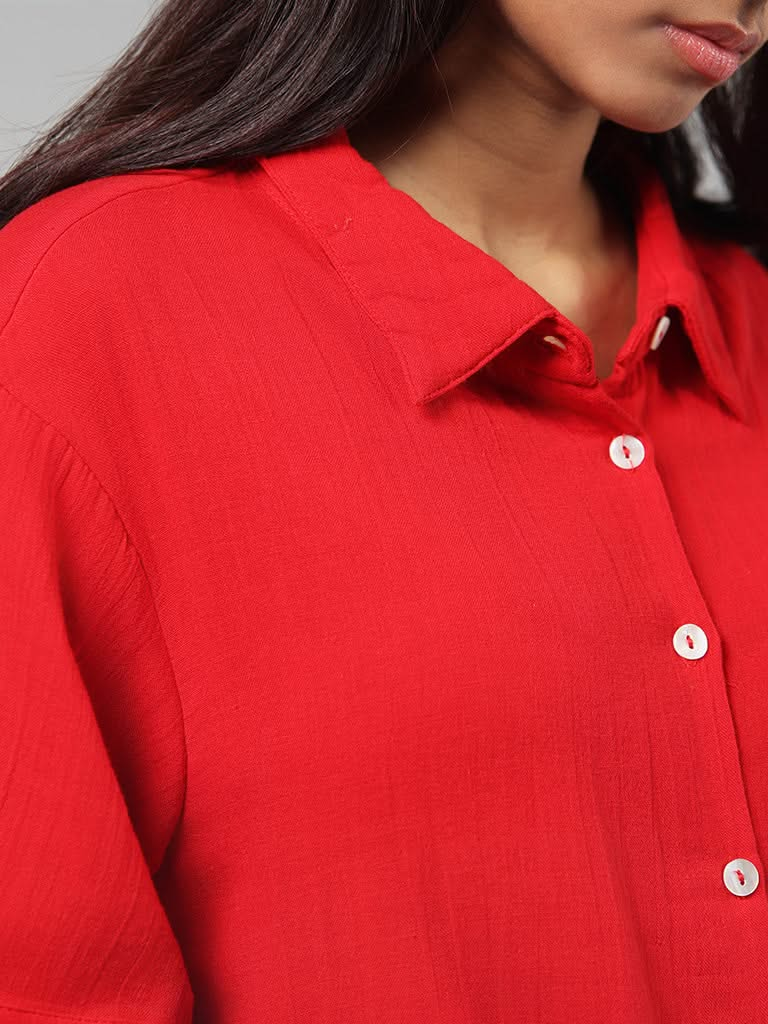 Wunderlove Solid Red Cotton Crinkled Shirt