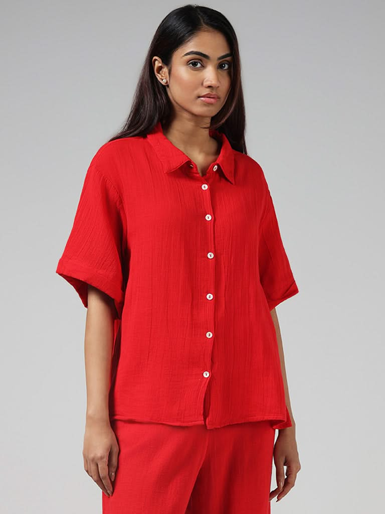 Wunderlove Solid Red Cotton Crinkled Shirt