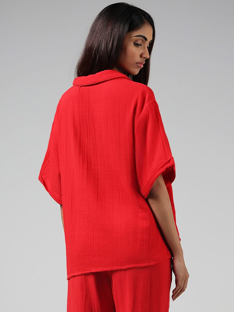 Wunderlove Solid Red Cotton Crinkled Shirt