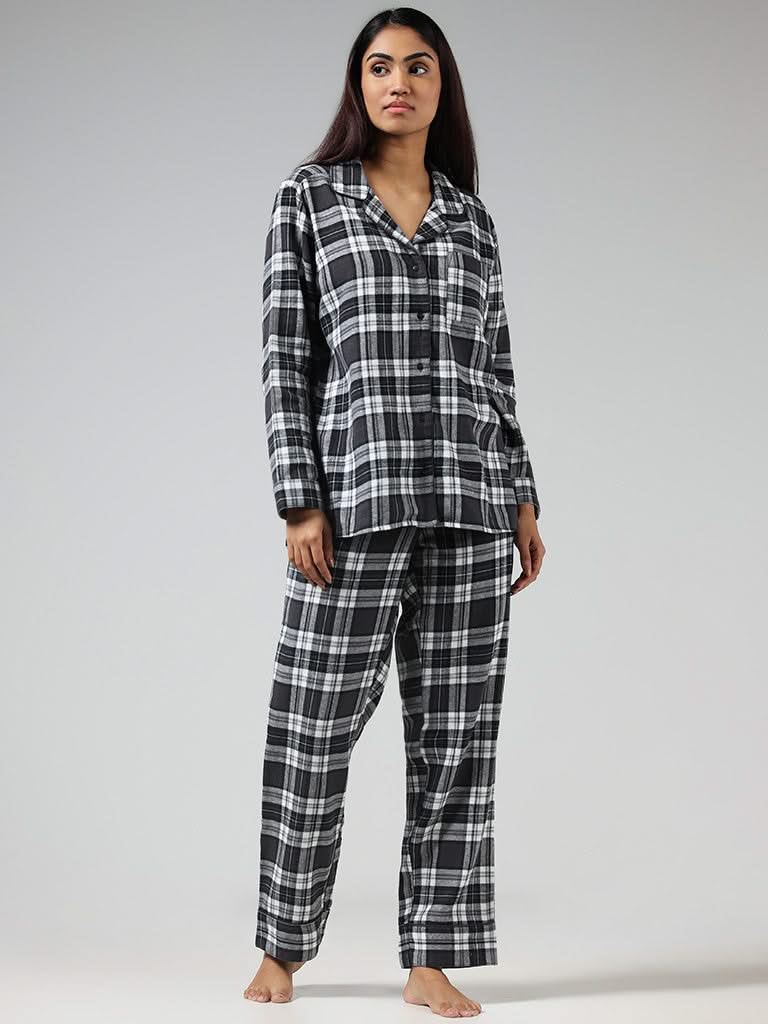 Wunderlove Black Checked Cotton Blend Shirt and Pyjama Set