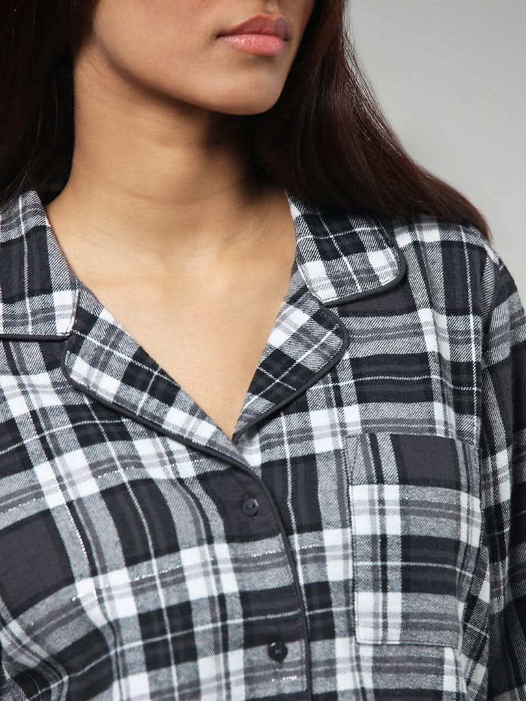 Wunderlove Black Checked Cotton Blend Shirt and Pyjama Set