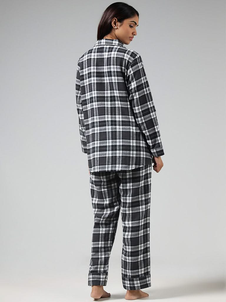 Wunderlove Black Checked Cotton Blend Shirt and Pyjama Set