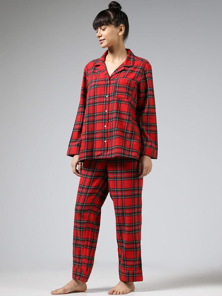 Wunderlove Red Plaid Checked Cotton Shirt and Pyjama Set