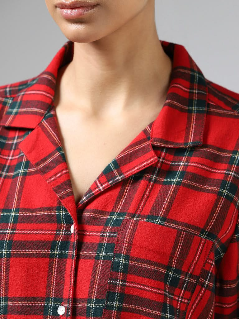 Wunderlove Red Plaid Checked Cotton Shirt and Pyjama Set