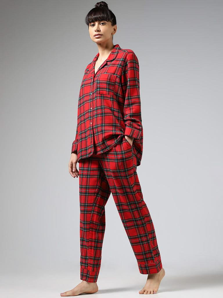 Wunderlove Red Plaid Checked Cotton Shirt and Pyjama Set