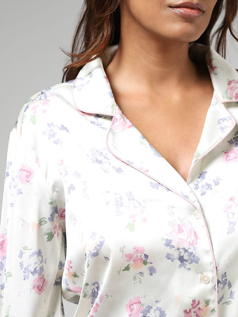 Wunderlove Ivory Floral Printed Satin Shirt & Pyjamas Set