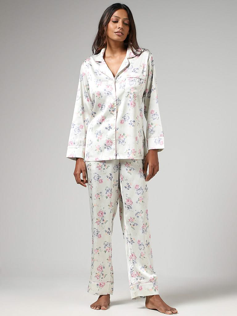 Wunderlove Ivory Floral Printed Satin Shirt & Pyjamas Set