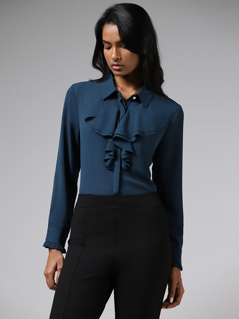 Wardrobe Solid Teal Ruffle Collar Shirt