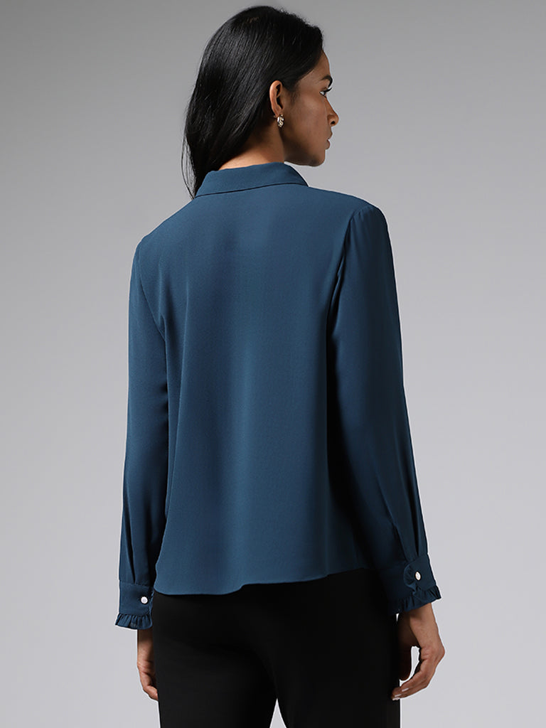 Wardrobe Solid Teal Ruffle Collar Shirt