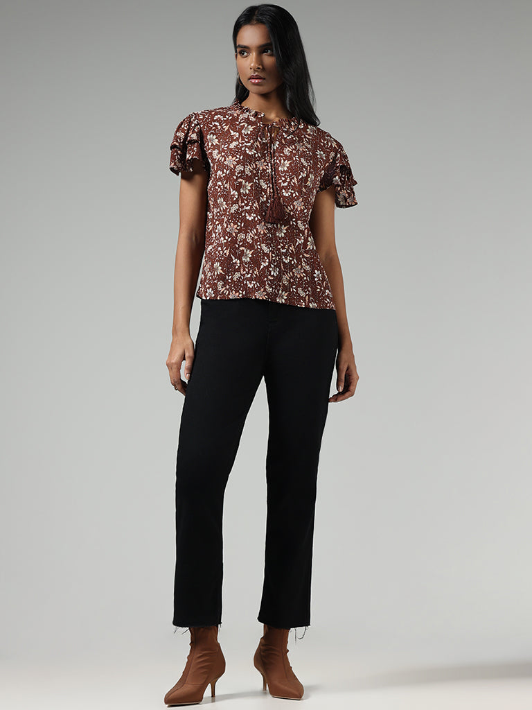 LOV Brown Ditsy Floral Printed Top