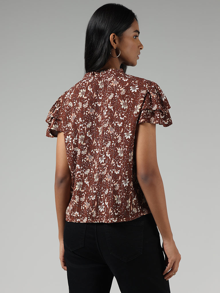 LOV Brown Ditsy Floral Printed Top